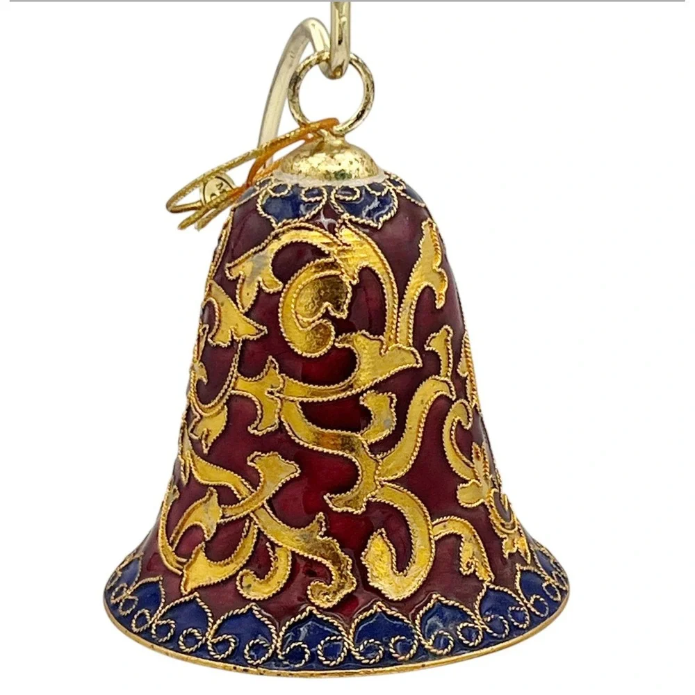 2 VTG Cloisonné Enamel Bell Ornaments Red & Gold Floral Scrollwork Gilt Brass 3